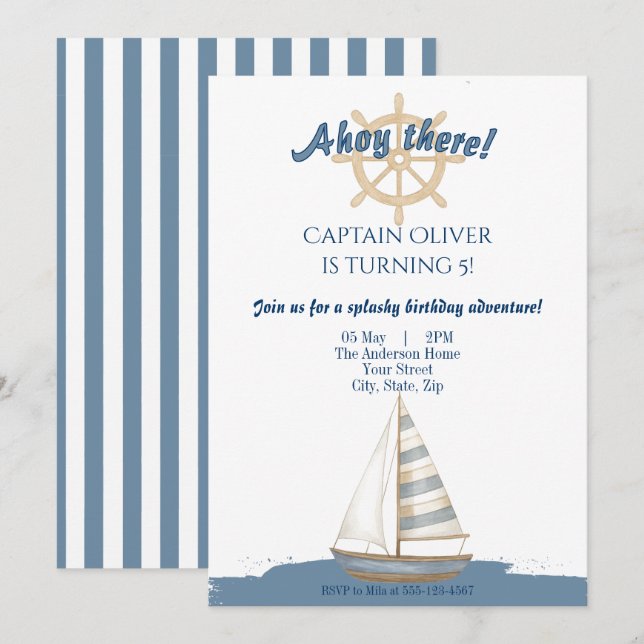 Invitation Anniversaire de enfant nautique | Bateau bleu et b (Devant / Derrière)