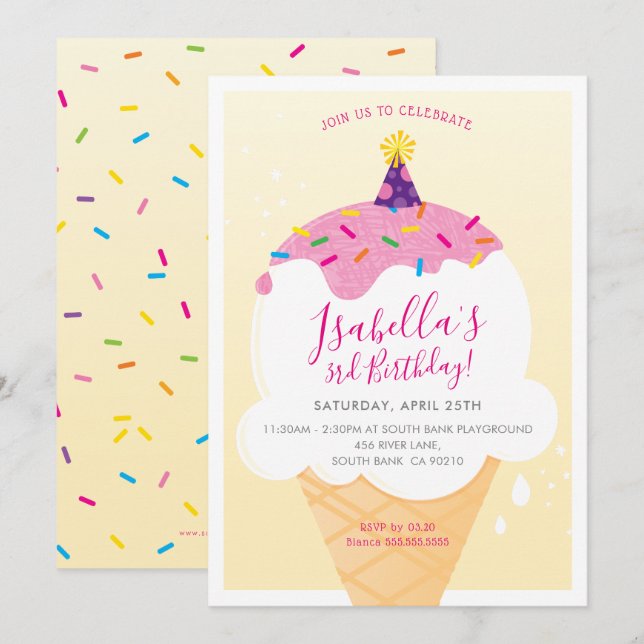 Invitation ANNIVERSAIRE DE ENFANT PARTY rétro crème glacée cô (Devant / Derrière)