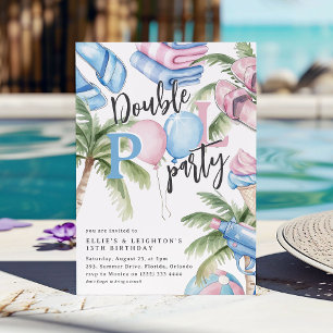 Invitation Anniversaire de enfant rose et bleu Double Pool Pa
