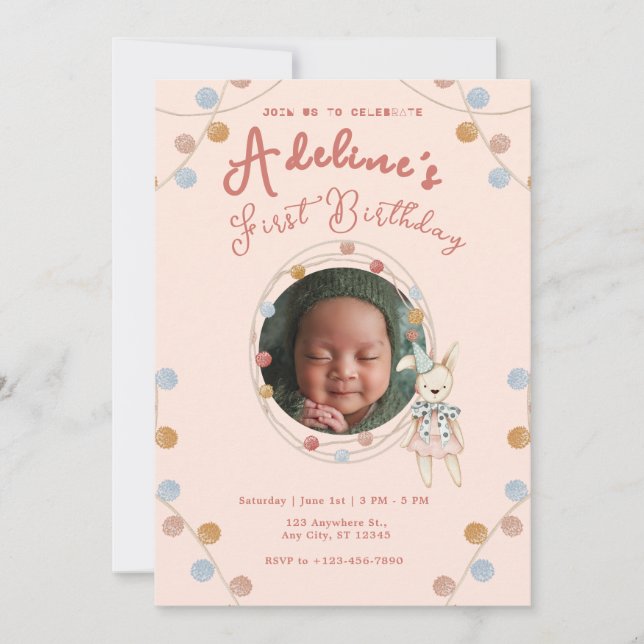 Invitation Anniversaire de enfant rose mignon (Devant)