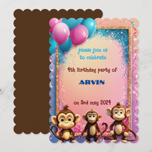 Invitation anniversaire de enfant singe (Devant / Derrière)