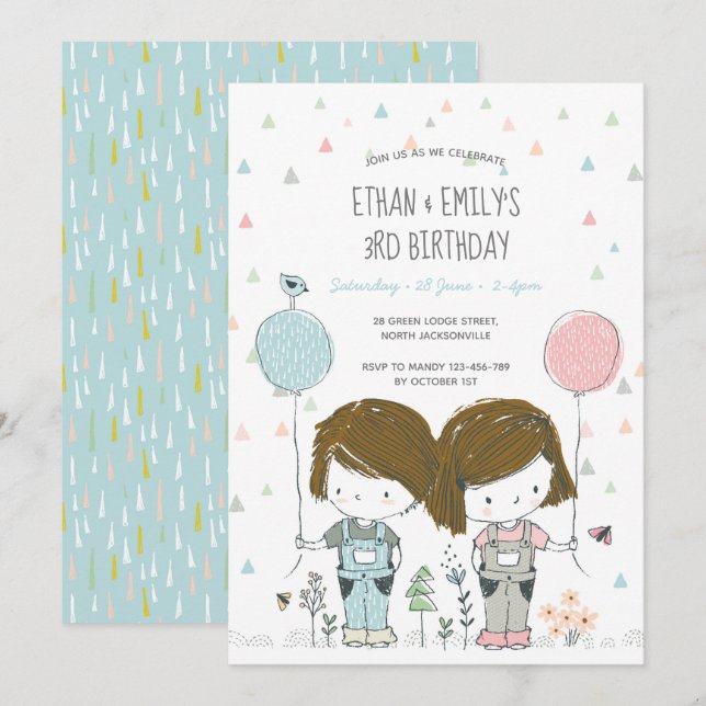 Invitation Anniversaire de enfant Twins (Devant / Derrière)