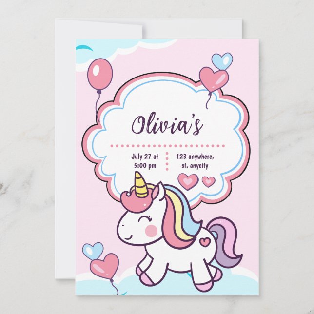 Invitation Anniversaire de enfant Unicorne mou (Devant)