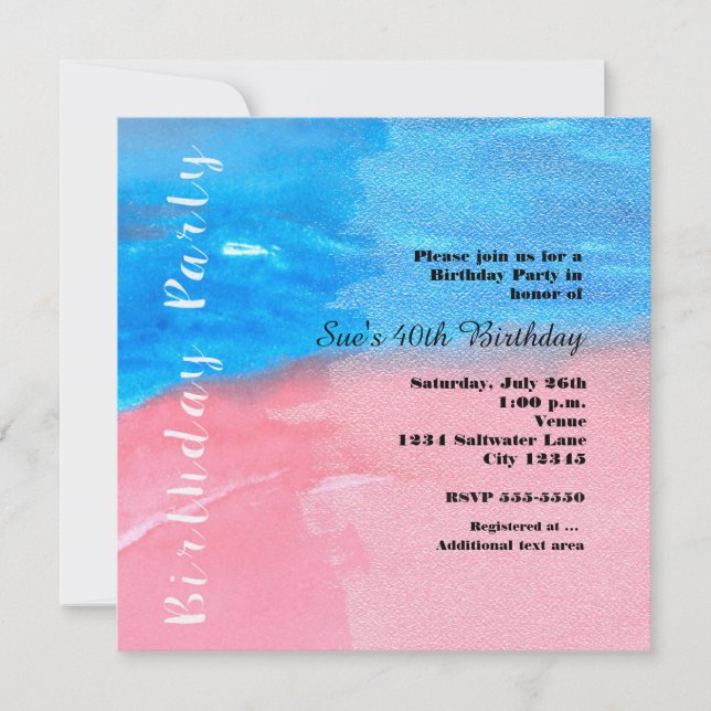 Invitation ANNIVERSAIRE DE FÊTE Aquarelle Bleu et rose Invita (Devant)