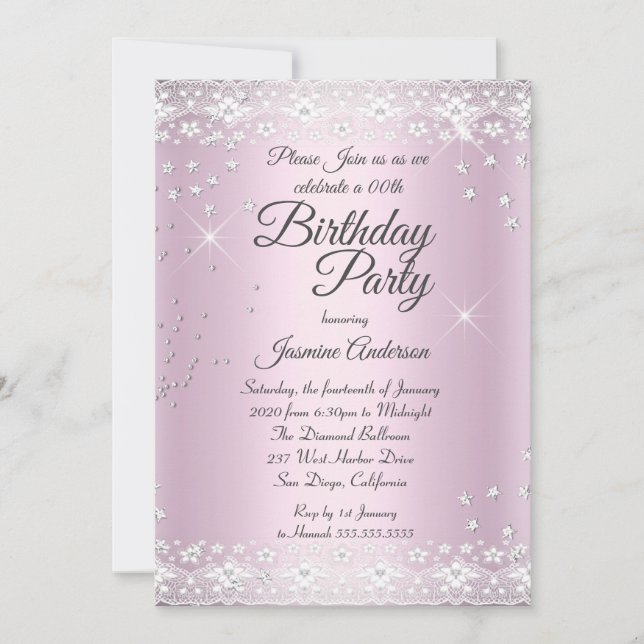 Invitation Anniversaire de fête Blush Rose Silver Dentelle (Devant)