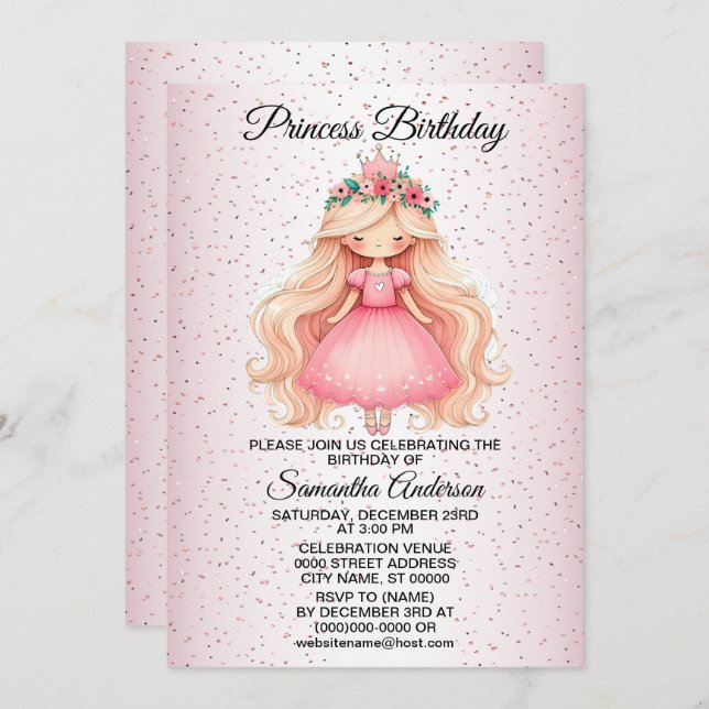 Invitation Anniversaire de fête Pink Princess (Devant / Derrière)