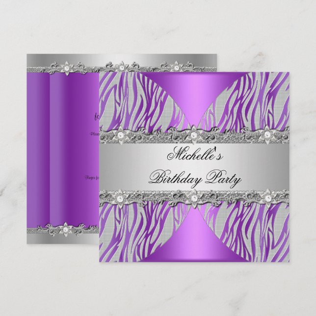 Invitation Anniversaire de fête violet argent gris Pearl Diam (Devant / Derrière)