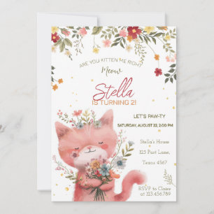 Invitation anniversaire de fille aux chats et fleurs sauvages