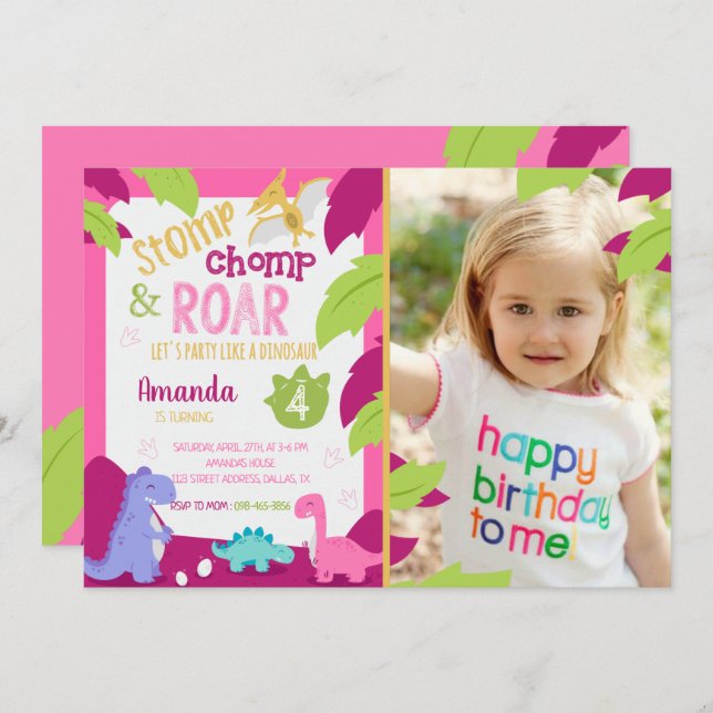 Invitation Anniversaire De Fille Dinosaure Rose Av (Devant / Derrière)