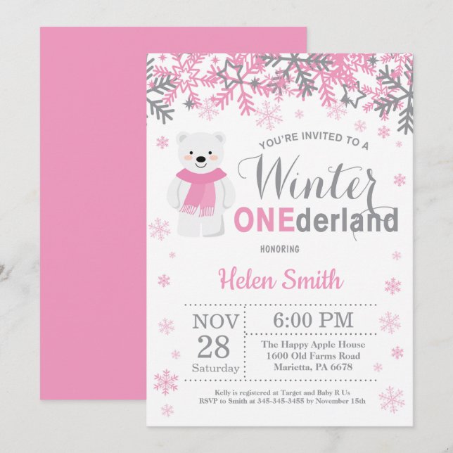 Invitation Anniversaire de fille d'ours blanc d'Onederland (Devant / Derrière)