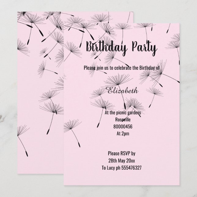INVITATION ANNIVERSAIRE DE FLEURS DE DANDELION ROSE NOIR (Devant / Derrière)