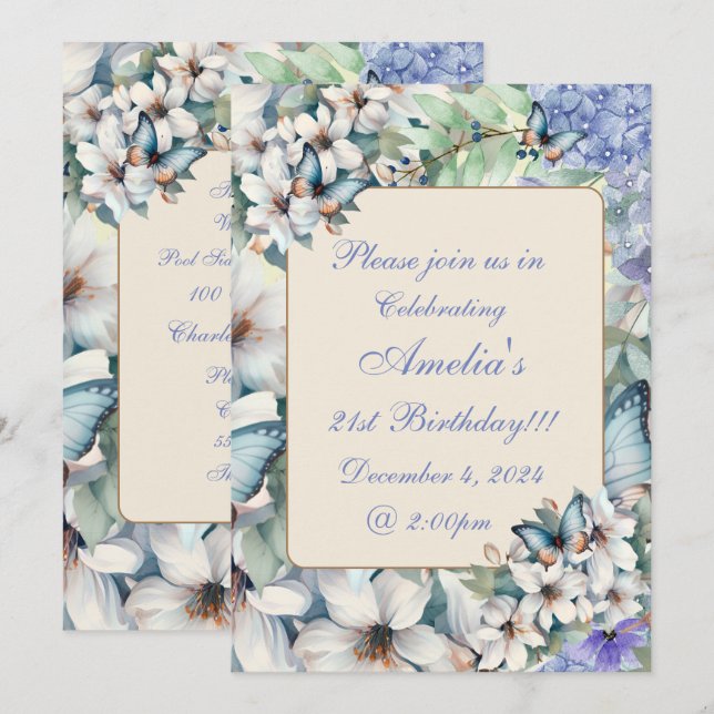 Invitation Anniversaire de fleurs et papillons élégants (Devant / Derrière)