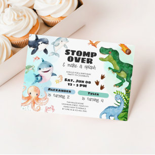 Invitation Anniversaire de frère et soeur Dinosaure et Requin
