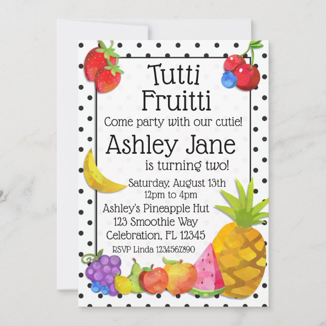 Invitation Anniversaire de fruit tropical de Tutti Fruitti (Devant)