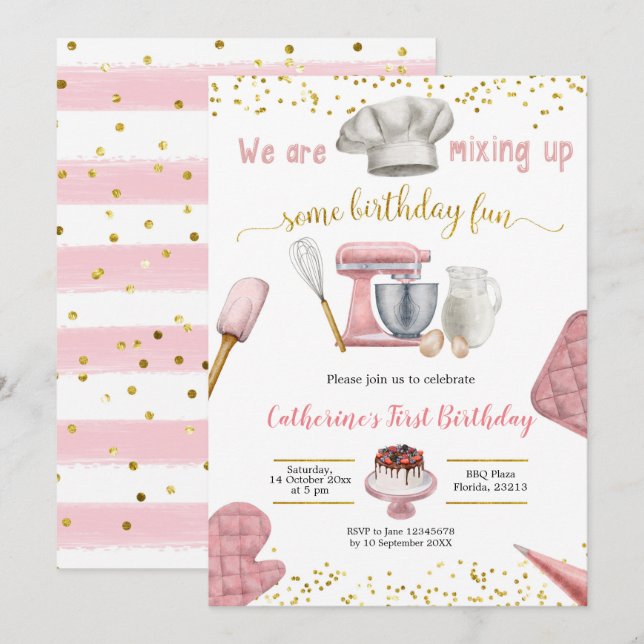 Invitation Anniversaire de Girl Pink Baking (Devant / Derrière)