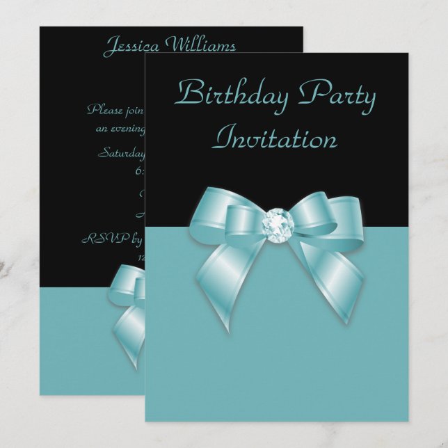 Invitation Anniversaire de la bow en diamant noir et Turquois (Devant / Derrière)