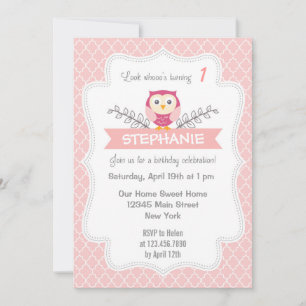 Invitation Anniversaire de la Chouette douce rose 
