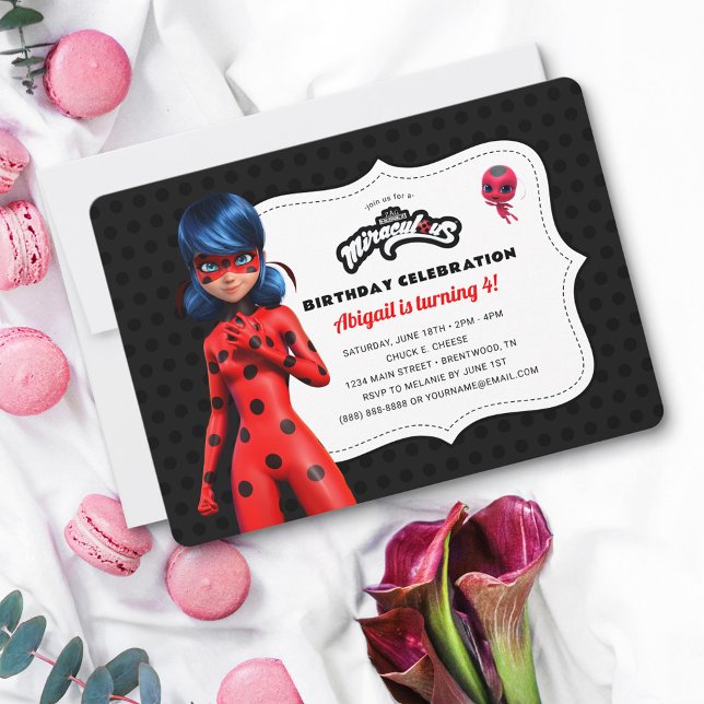 Invitation Anniversaire de la coccinelle (Invitation with macarons and flowers)