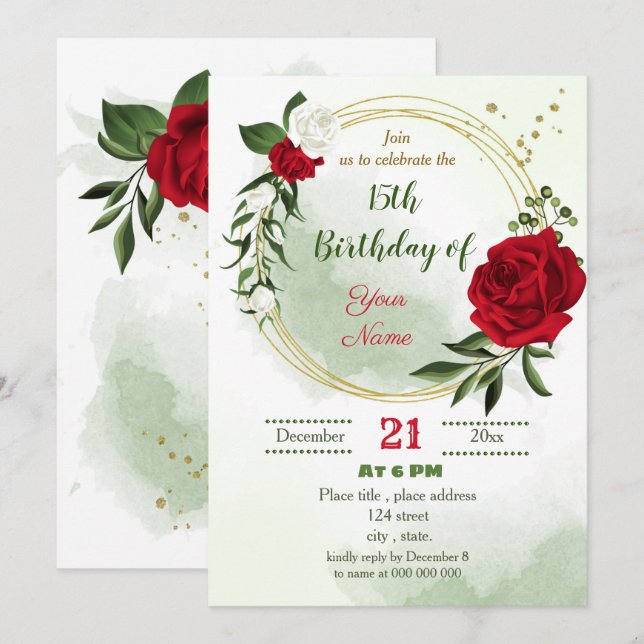 Invitation anniversaire de la couronne d'or rouge blanc flora (Devant / Derrière)
