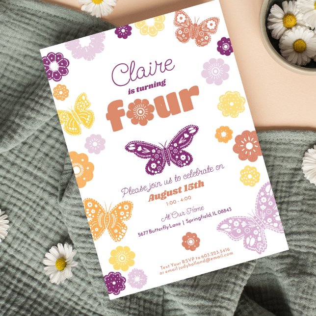 Invitation Anniversaire de la fête d'anniversaire Retro Butte (Retro Butterfly 4th Birthday Invitation)