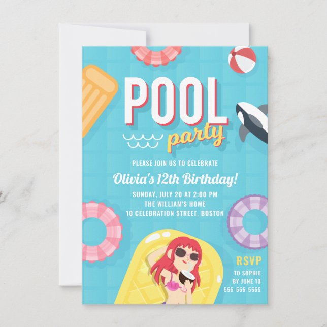 Invitation Anniversaire de la fête de la piscine | (Devant)