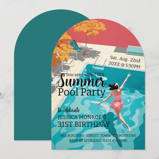 Invitation Anniversaire de la fête de la piscine classique de (Devant / Derrière)