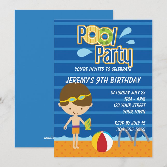 Invitation Anniversaire de la fête de la piscine des garçons (Devant / Derrière)