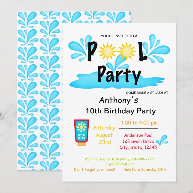 Invitation Anniversaire de la fête de la piscine d'été Sun Sp (Devant / Derrière)