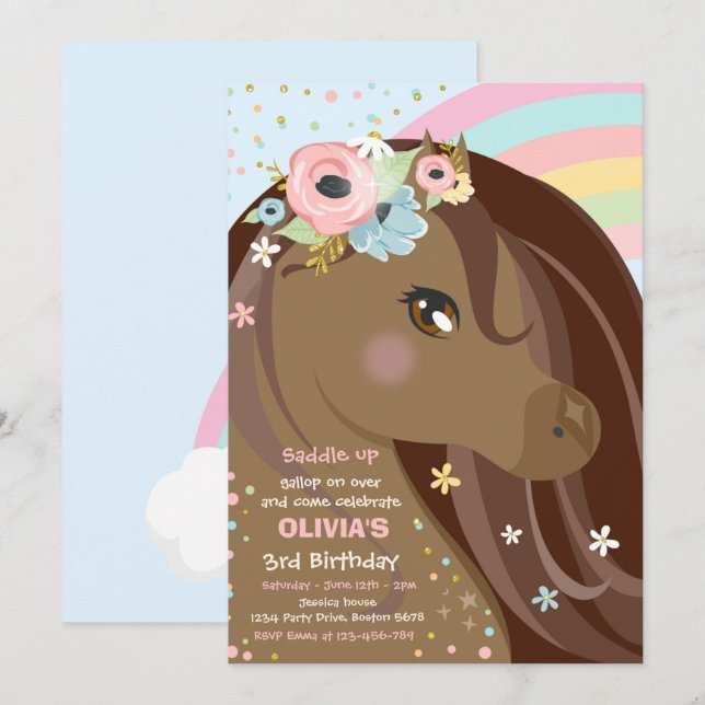 Invitation Anniversaire de la fête du Cheval Floral Pony Pony (Devant / Derrière)