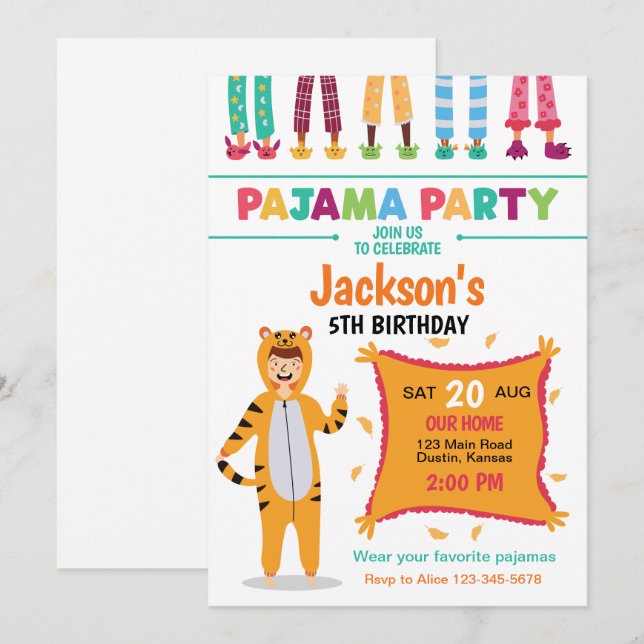 Invitation Anniversaire de la fête du pyjama (Devant / Derrière)