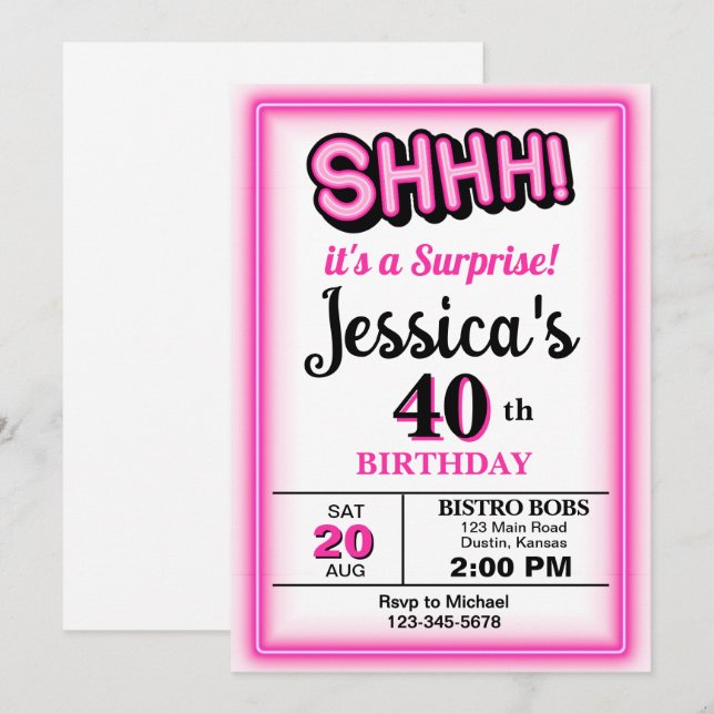 Invitation Anniversaire de la fête Hot Pink Surprise (Devant / Derrière)