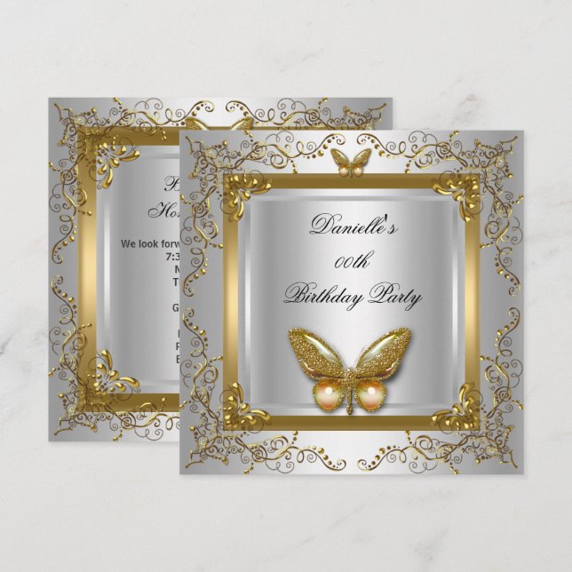 Invitation Anniversaire de la fête Silver White Gold Butterfl (Devant / Derrière)