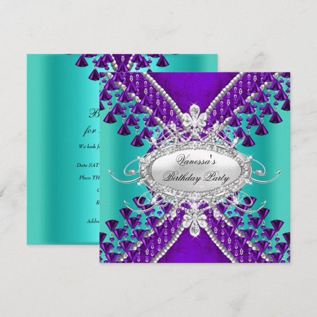Invitation Anniversaire de la fête violet Turquoise perles Di (Devant / Derrière)