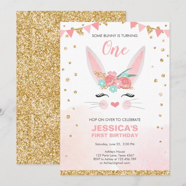 Invitation Anniversaire de la fille rose de Pâques de Bunny (Devant / Derrière)