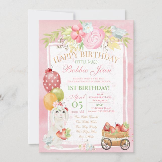 Invitation Anniversaire de la floraison de la fraise de Bunny (Devant)