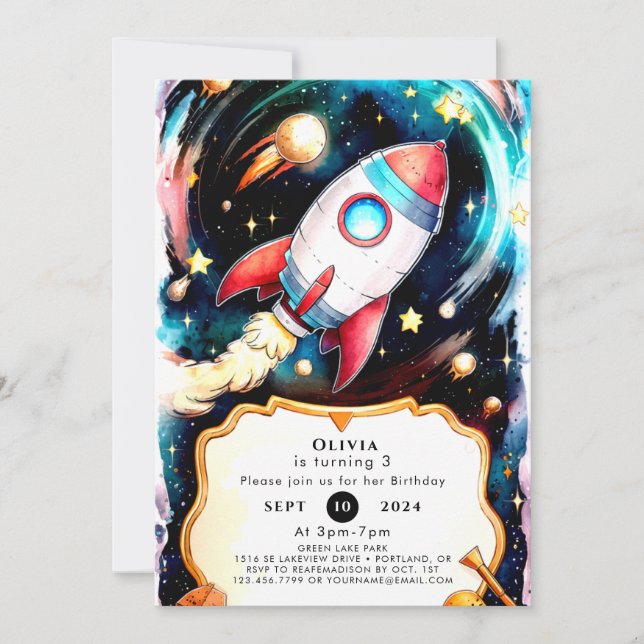 Invitation Anniversaire de la fusée d'aquarelle magique (Devant)