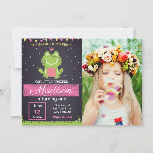 Invitation Anniversaire de la grenouille rose avec photo (Devant)
