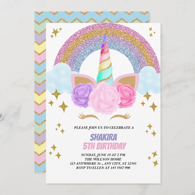 Invitation Anniversaire de la licorne (Devant / Derrière)