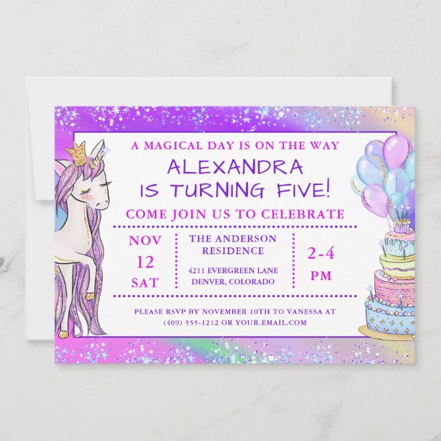 Invitation Anniversaire de la licorne de la fille (Devant)