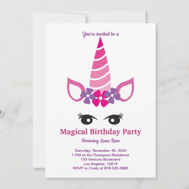 Invitation Anniversaire de la licorne magique (Devant)