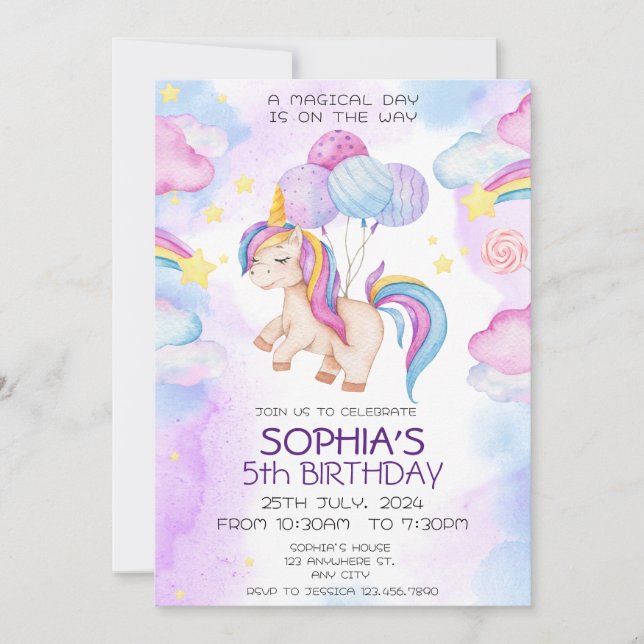 Invitation Anniversaire de la licorne magique Arc  (Devant)