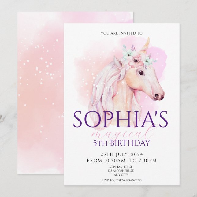 Invitation Anniversaire de la licorne magique Arc  (Devant / Derrière)
