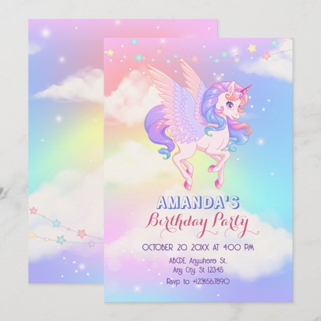 Invitation Anniversaire de la licorne rose violet (Devant / Derrière)