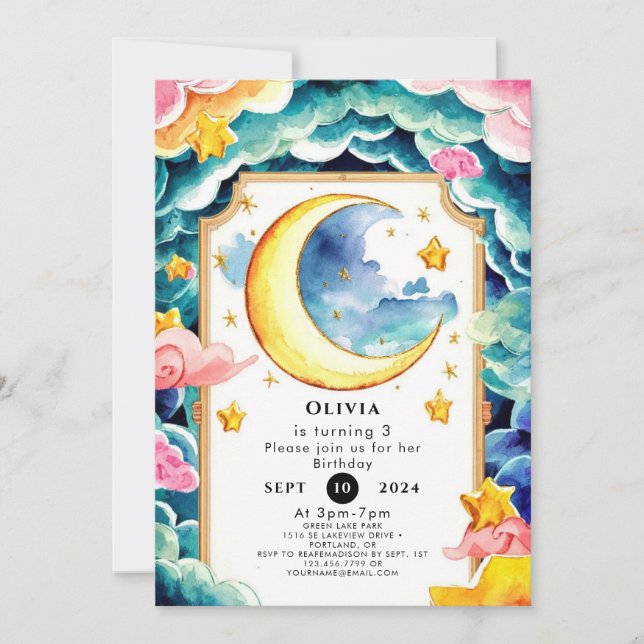Invitation Anniversaire de la Lune Whimsical Personnalisée (Devant)