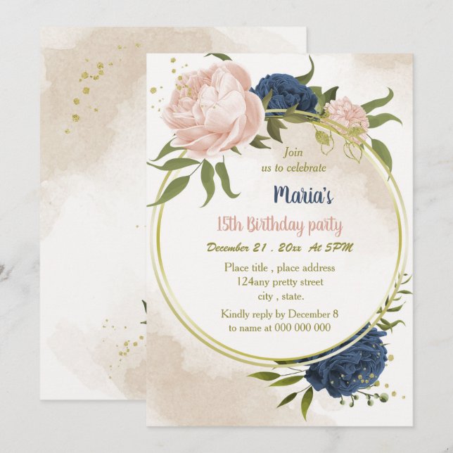 Invitation anniversaire de la marine des fleurs rousses vert  (Devant / Derrière)