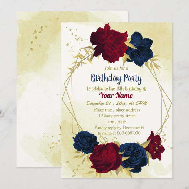 Invitation anniversaire de la marine rouge fleurs or feuille (Devant / Derrière)