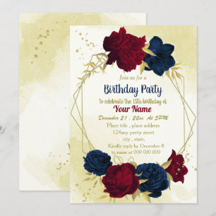 Invitation anniversaire de la marine rouge fleurs or feuille