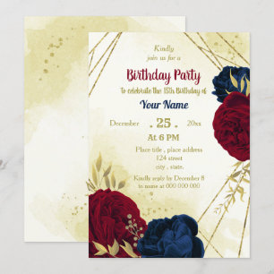 Invitation anniversaire de la marine rouge fleurs or feuille