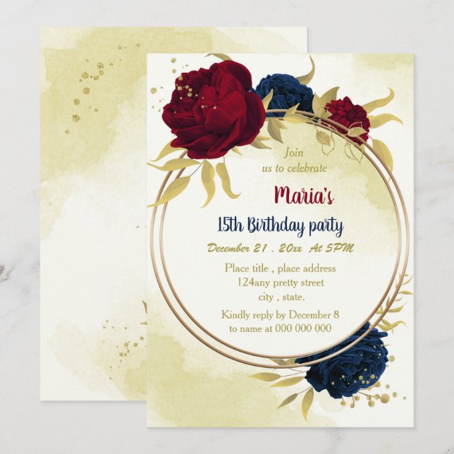 Invitation anniversaire de la marine rouge fleurs or feuille (Devant / Derrière)