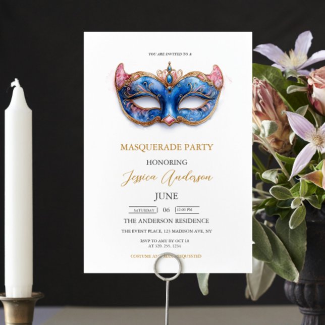Invitation Anniversaire de la Masquerade Bleue Elégante (Créateur téléchargé)